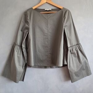 TIBI SAGE GREEN BELL SLEEVE CROP COTTON BLOUSE, SIZE, US 6, 8